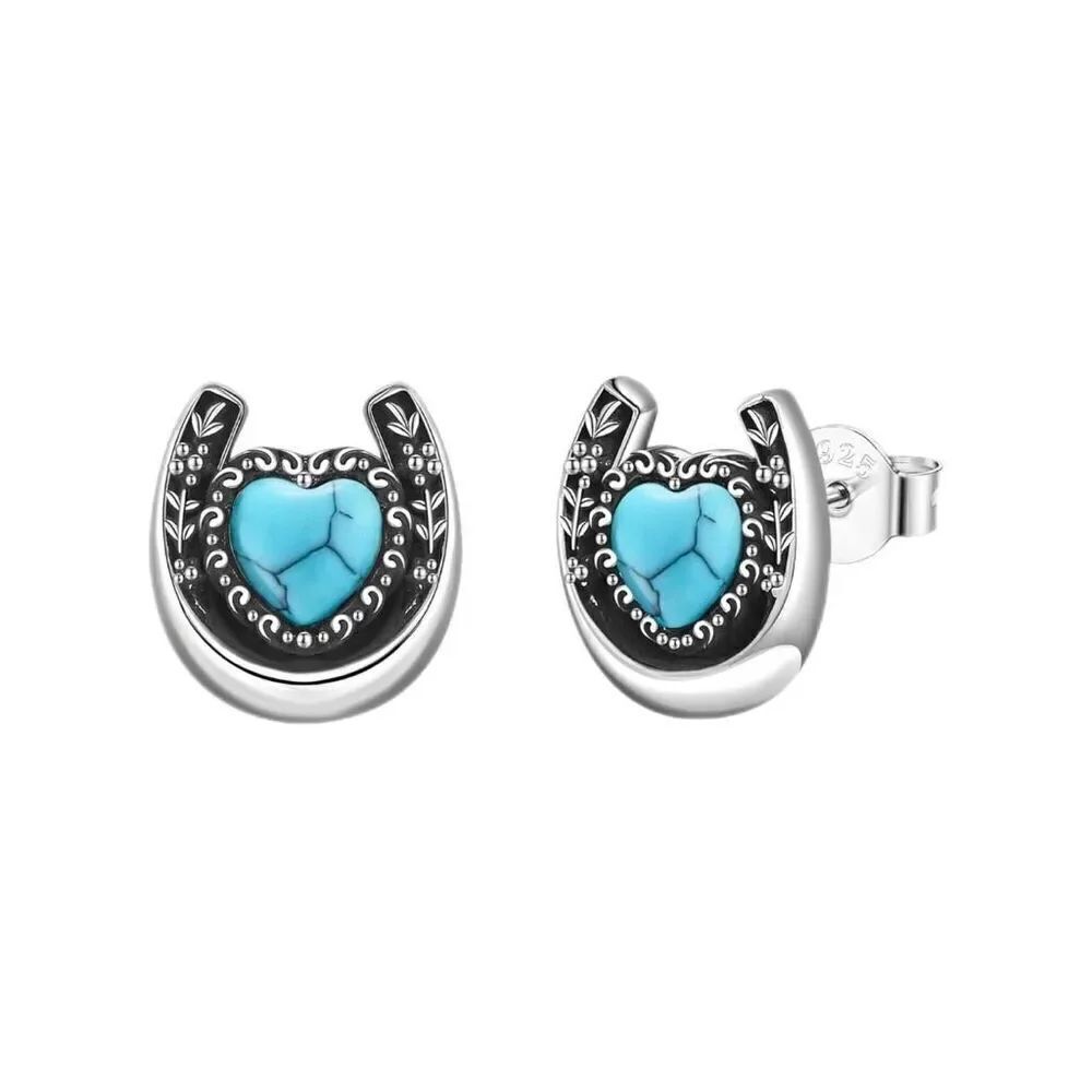 Western Horseshoe Turquoise Sterling Silver Stud Good Luck Earrings New